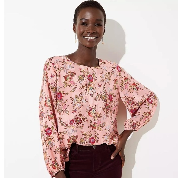 LOFT Blouse Top Floral Paisley Textured Long Sleeve Keyhole Draped Sleeves Small - Picture 2 of 10